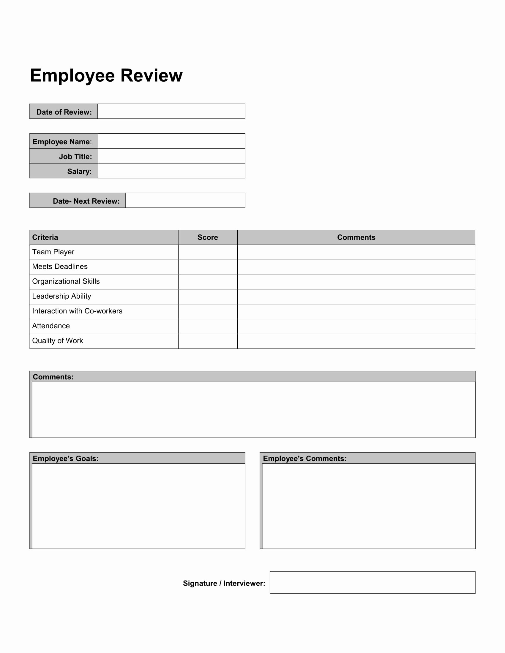 Employee Performance Review Template Free Best Of Free 10 Work Review forms In Pdf