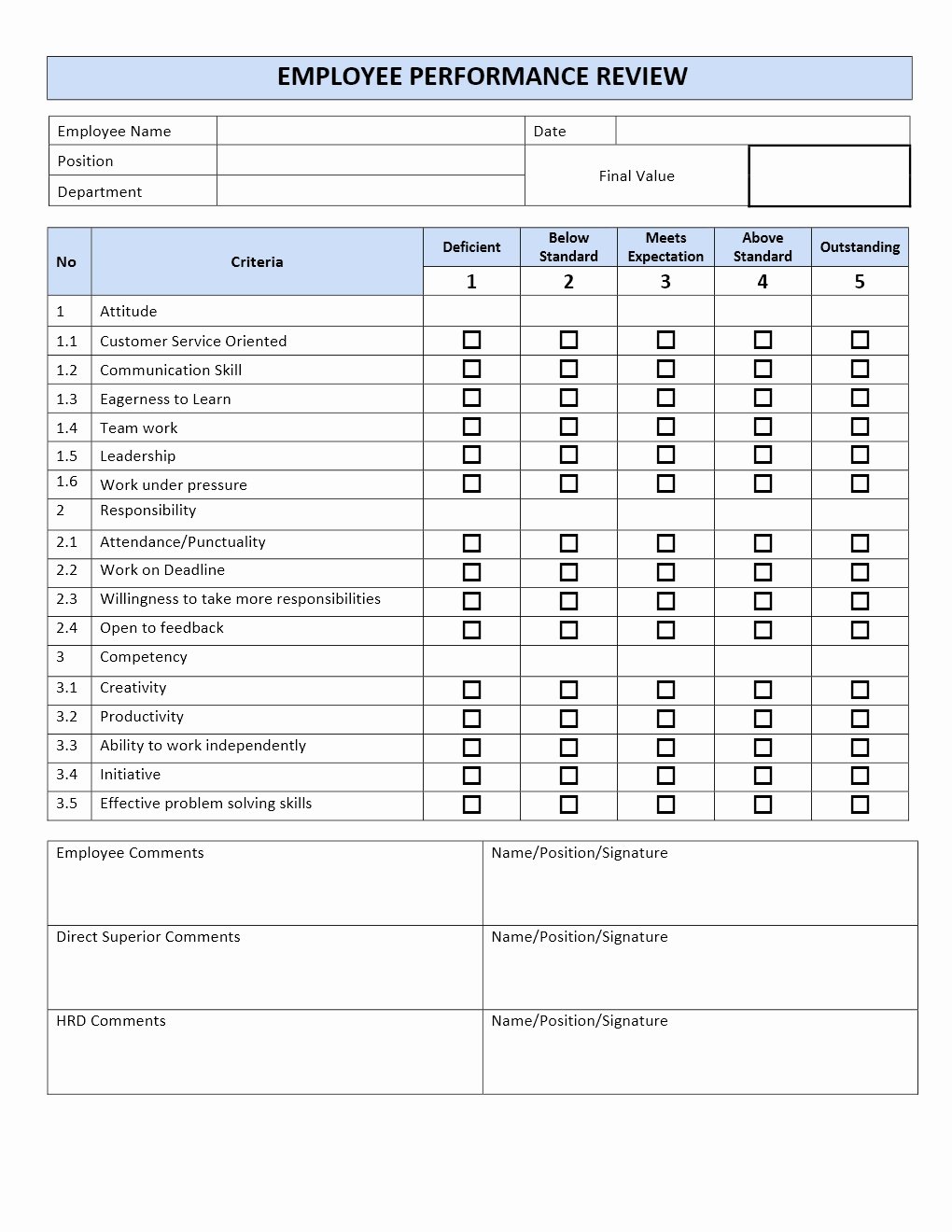Employee Performance Review Template Word Lovely Employee Performance Review form