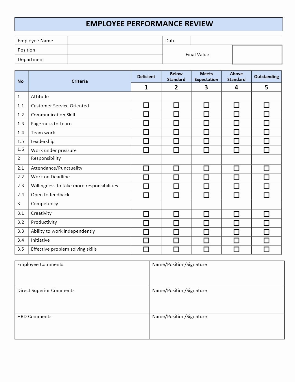 Employee Review form Template Awesome Employee Performance Review form