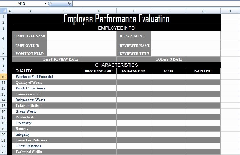 Employee Review form Template Unique Employee Performance Evaluation form Xls Free Excel