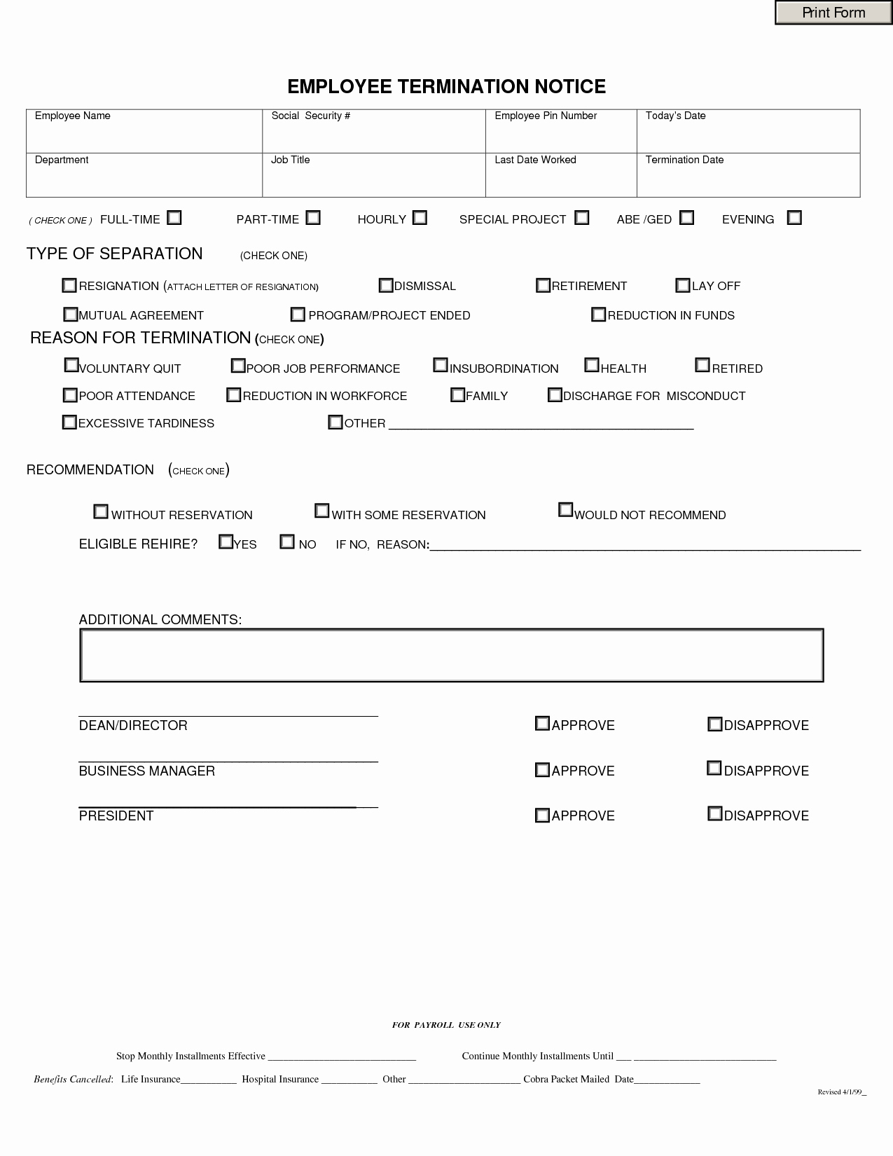 Employee Separation form Template Fresh Separation Notice Template – Printable Year Calendar