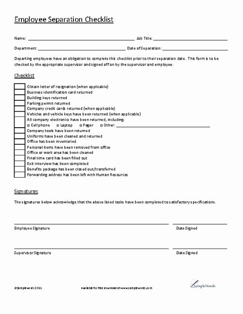 Employee Separation form Template Inspirational Employee Separation Checklist
