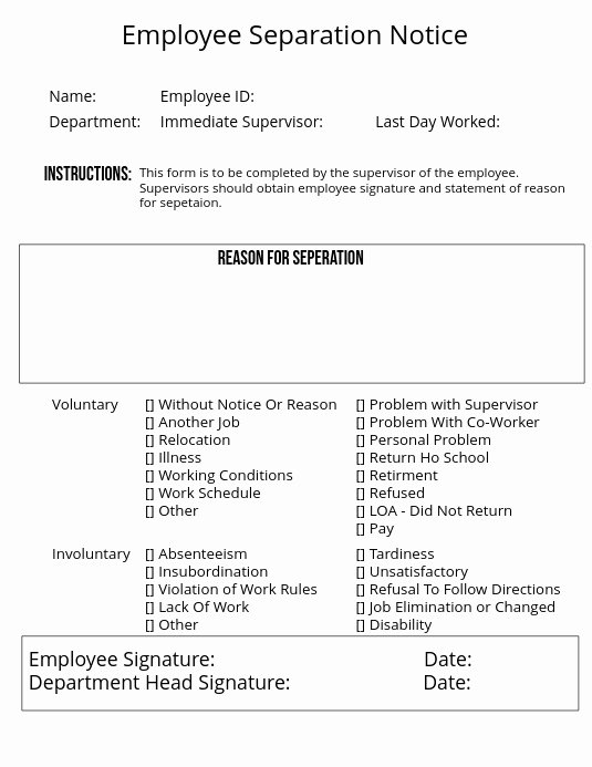 Employee Separation form Template Inspirational Employee Separation Notice Template