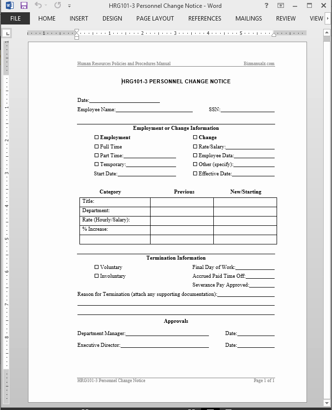 Employee Status Change form Template Fresh Personnel Change Notice Template