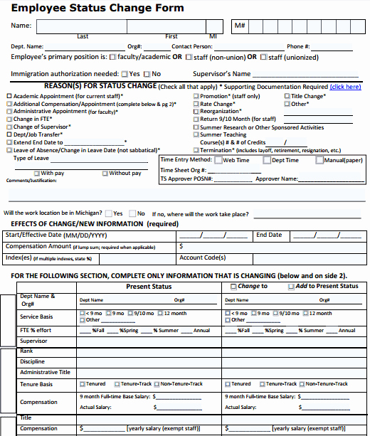 Employee Status Change form Template Lovely 6 Employee Status Change forms Word Excel Templates