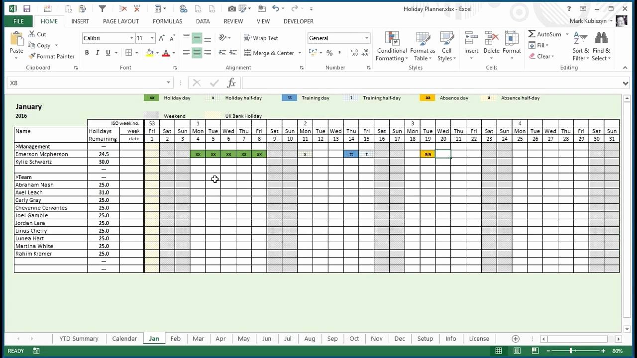 Employee Vacation Planner Template Excel Unique Any Year Holiday Training &amp; Absence Planner for Excel