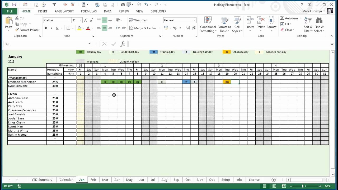 Employee Vacation Planner Template Excel Unique Any Year Holiday Training &amp; Absence Planner for Excel