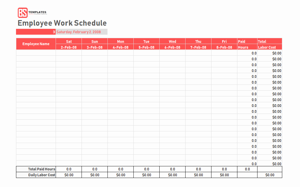 Employee Work Schedule Template Pdf Awesome Work Schedule Template Daily Weekly