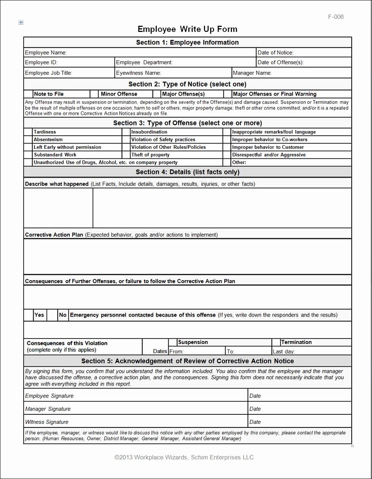 Employee Write Up forms Template Fresh Employee Write Up form Workplace Wizards Restaurant