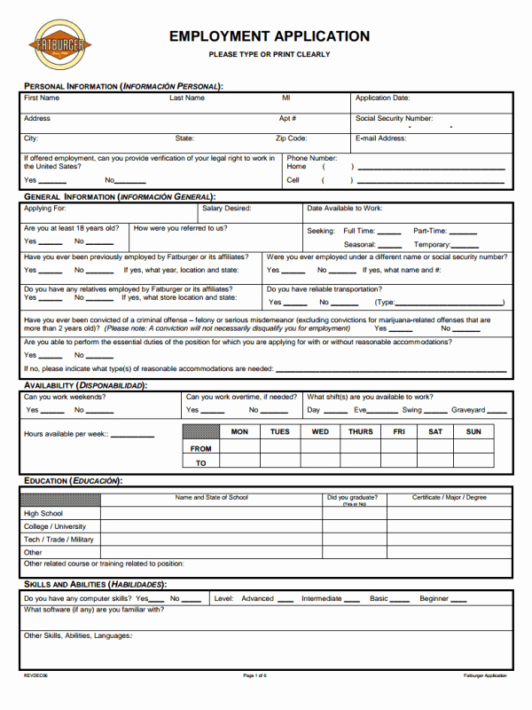 Employment Application form Template Elegant Free Printable Job Application form Template form Generic