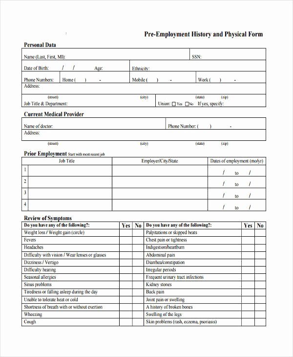 Employment Physical form Template Awesome Free 8 Pre Employment Physical forms In Samples Examples