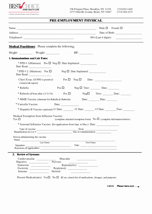 Employment Physical form Template Beautiful Best Choice Pre Employment Physical Printable Pdf