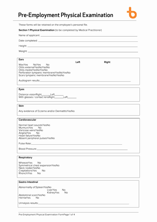 Employment Physical form Template Elegant Pre Employment Physical Examination form Printable Pdf