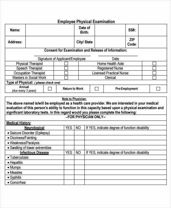 Employment Physical form Template Fresh 9 Sample Physical Exam forms Pdf