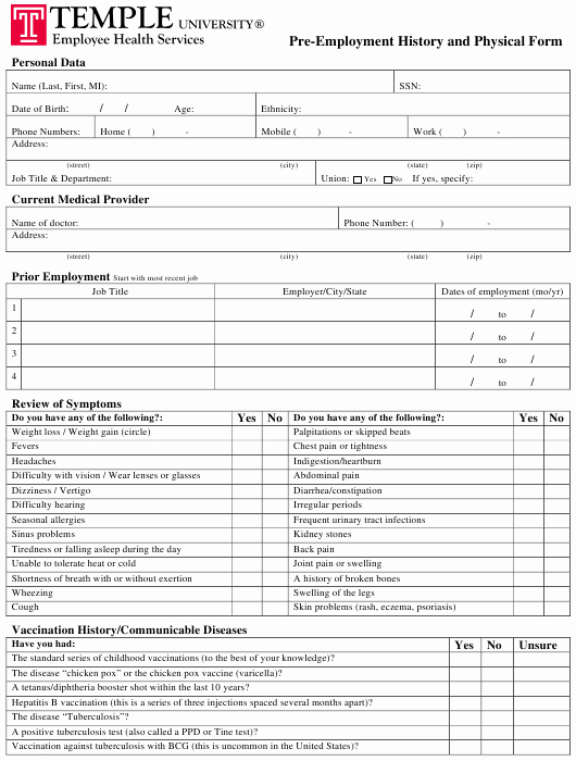 Employment Physical form Template Inspirational Pre Employment History and Physical form Temple