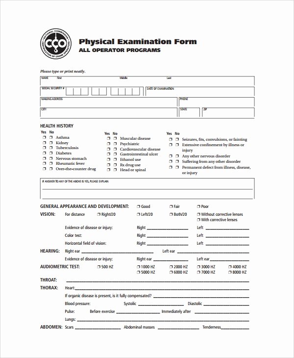 Employment Physical form Template Lovely 9 Sample Physical Exam forms Pdf