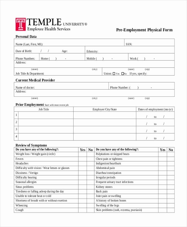 Employment Physical form Template Lovely Free 14 Sample Physical forms In Pdf