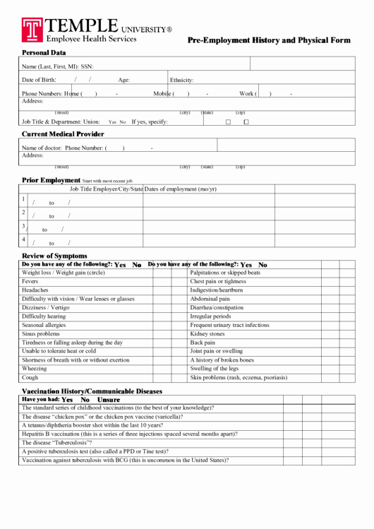 Employment Physical form Template Luxury Pre Employment History and Physical form Printable Pdf