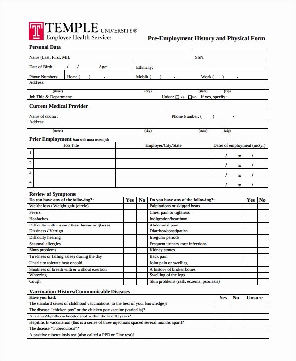 Employment Physical form Template Unique 9 Sample Physical Exam forms Pdf