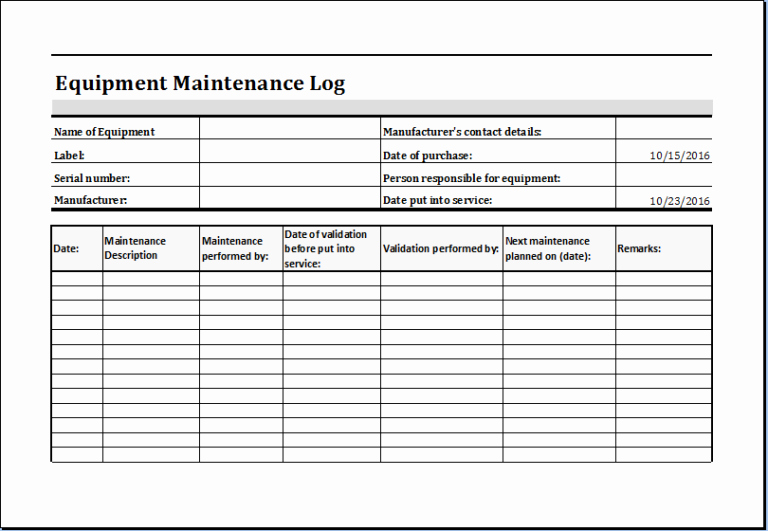 Equipment Checkout form Template Excel Awesome Equipment Maintenance Log Template Excel