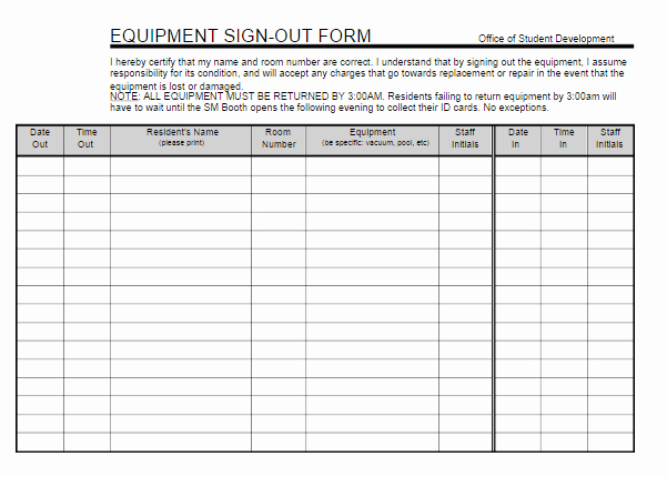 Equipment Checkout form Template Excel Fresh Equipment Sign Out Sheet