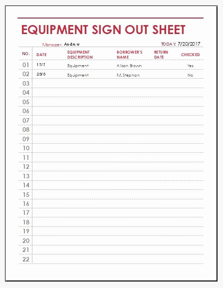 Equipment Checkout form Template Excel Fresh Equipment Sign Out Sheet