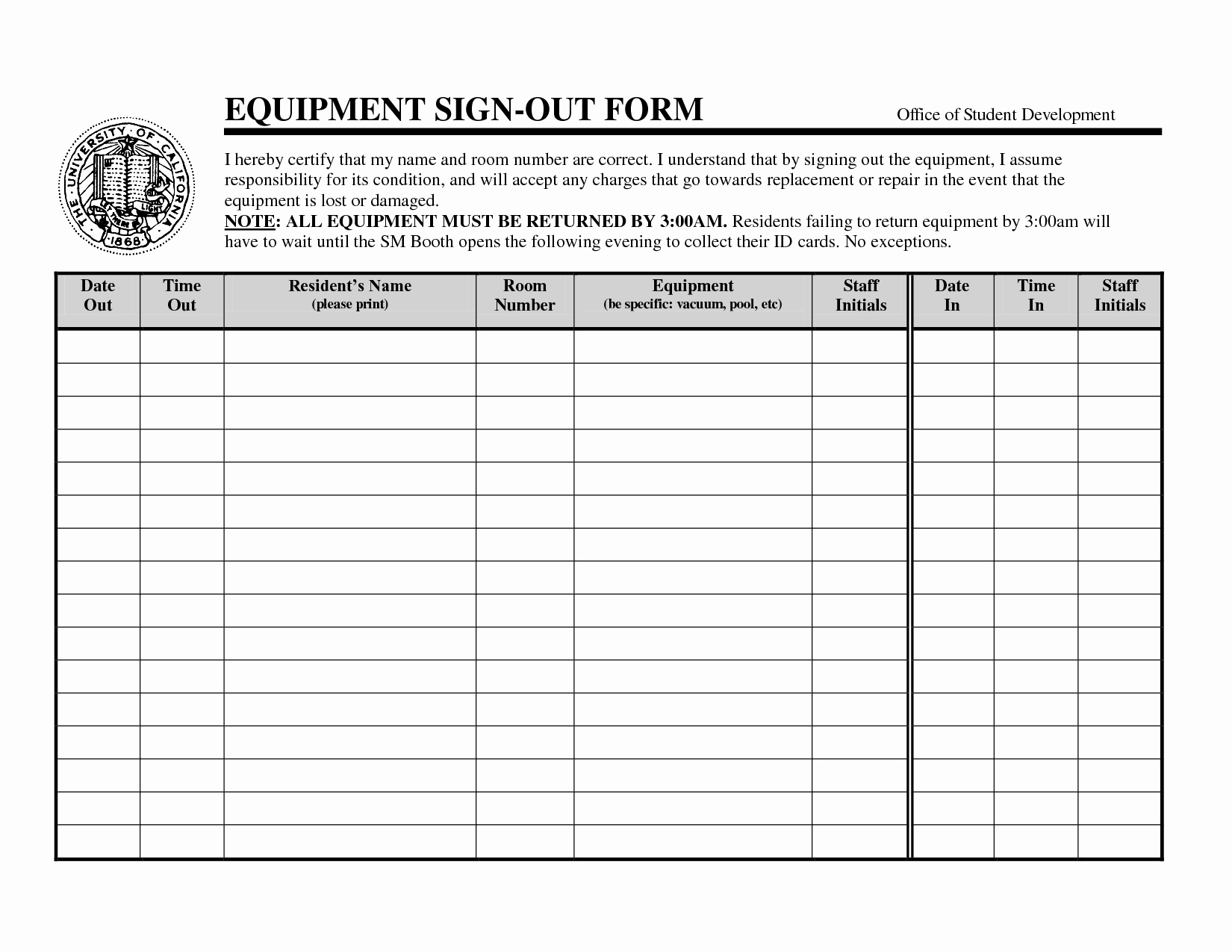 post equipment check out form template excel