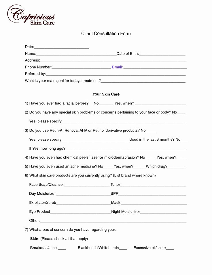 Esthetician Client Consultation form Template Beautiful Beauty therapy Client Consultation form Template