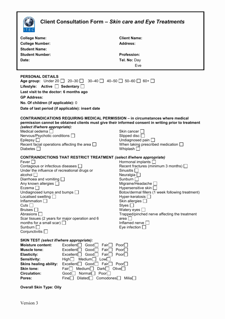 Esthetician Client Consultation form Template Beautiful Sample Client Consultation form Skincare &amp; Eye Treatments