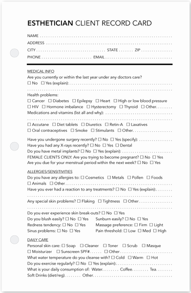 Esthetician Client Consultation form Template Fresh Client Record Cards Esthetician