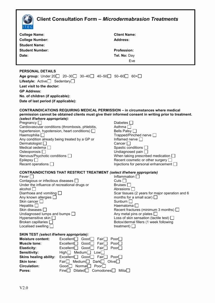 excellent esthetician client consultation form yi03a