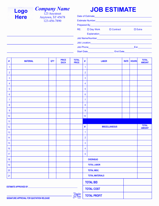 Estimate form Template Free Elegant Job Estimate Template