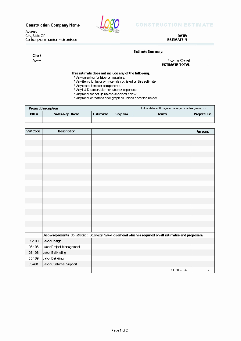 Estimate form Template Free Unique Construction Estimate Template Invoice Manager for Excel