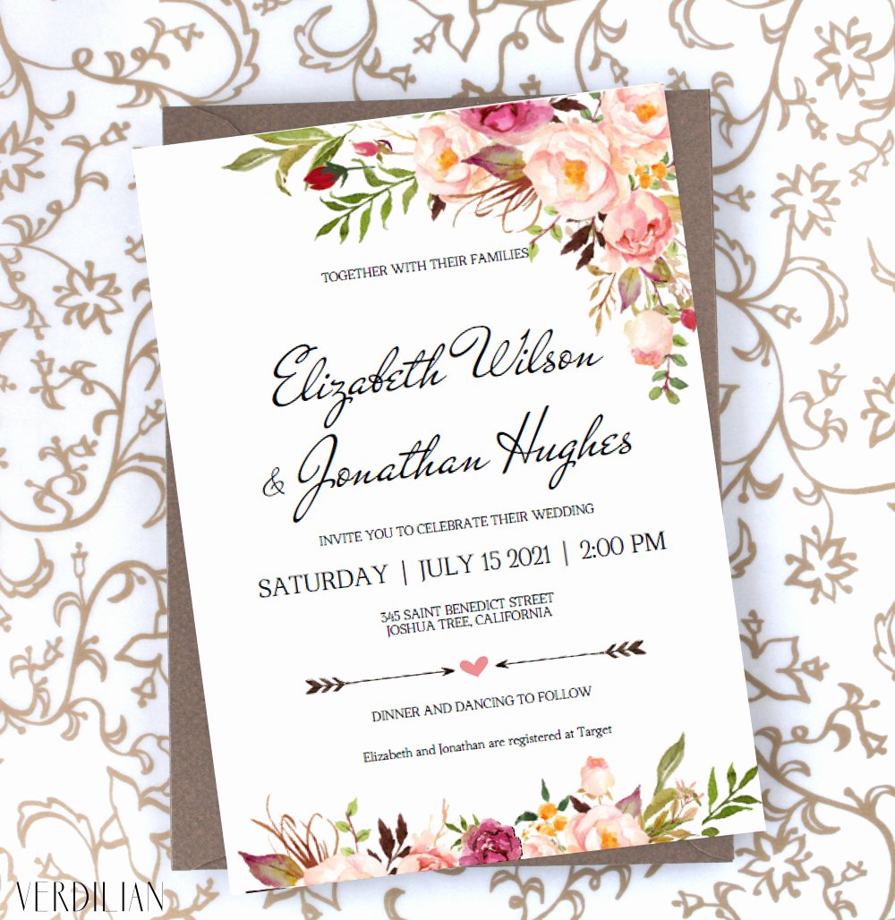 Etsy Wedding Invitation Template Lovely Floral Wedding Invitation Template Blush Rustic Watercolor