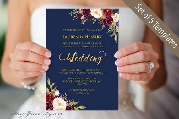 Etsy Wedding Invitation Template Luxury Printable 5 Navy Gold Wedding Invitation Cards Burgundy