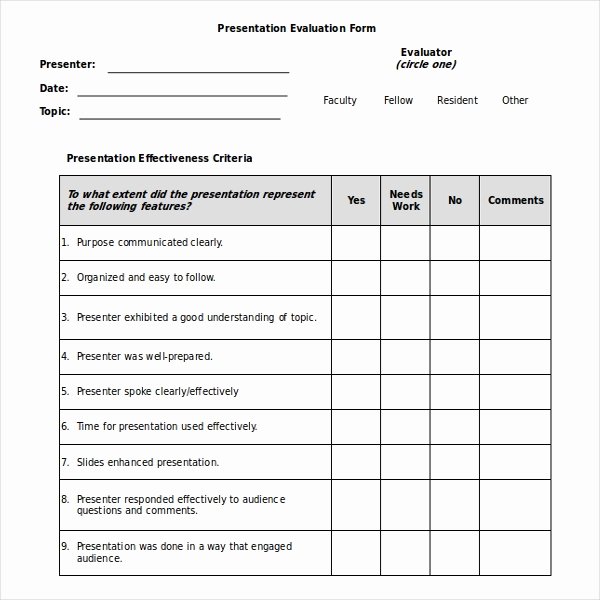 Evaluation form Template Free Unique Free 13 Sample Presentation Evaluation forms In Pdf