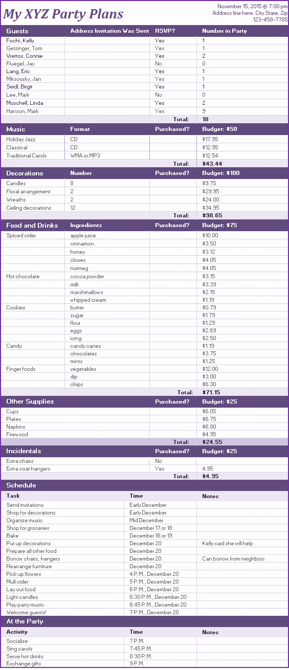 Event Planning Excel Template New event Party Planner Template