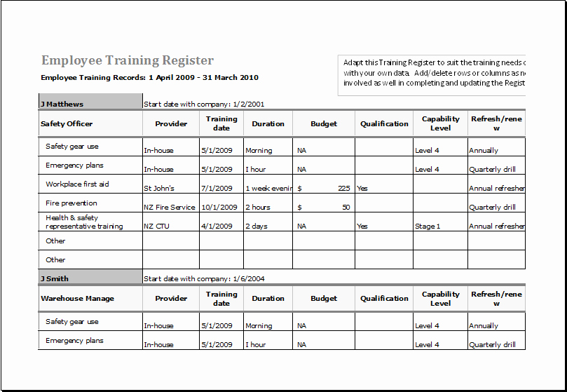 Excel Training Schedule Template Best Of Employee Training Register Ms Excel Fully Customizable