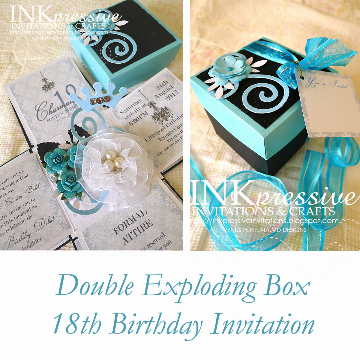 Exploding Box Invitation Template Awesome Teal and Black Exploding Box 18th Birthday Inkpressive