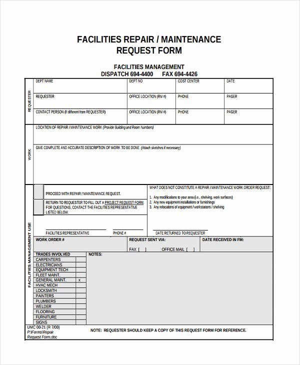 Facility Maintenance Plan Template Awesome Free 11 Maintenance Request forms In Samples Examples