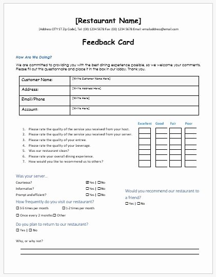 Feedback form Template Word Fresh Restaurant Customer Feedback forms Ms Word