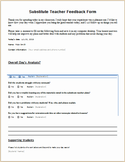 Feedback form Template Word Unique Ms Word Substitute Teacher Feedback form