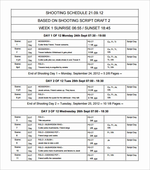 Film Production Schedule Template Luxury Shooting Schedule Template