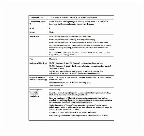 Free Lesson Plan Template Elementary Unique Music Lesson Plan Template 7 Free Word Excel Pdf