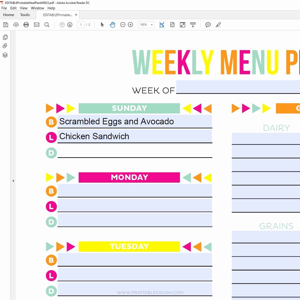 Free Menu Plan Template Unique Editable Meal Plan Printable