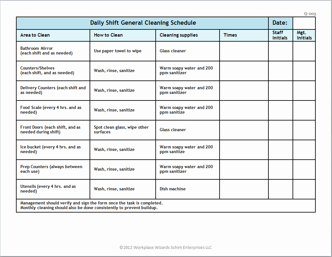 Free Restaurant Schedule Template Lovely Restaurant Cleaning Schedule Workplace Wizards