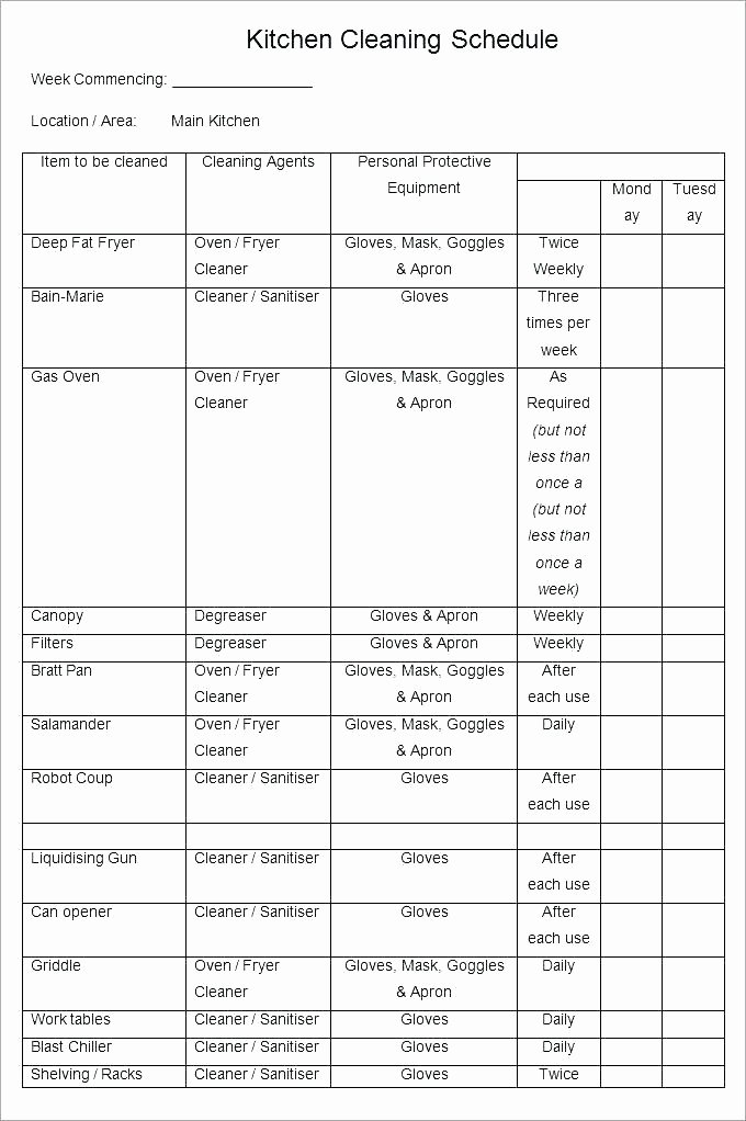 Free Restaurant Schedule Template Unique 12 13 Weekly Cleaning List Template