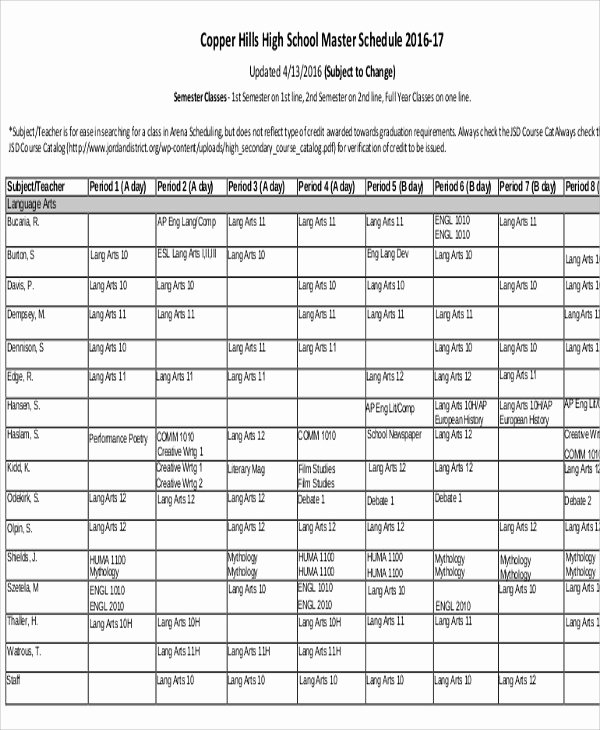 Free School Master Schedule Template Awesome Master Schedule Templates 11 Free Samples Examples