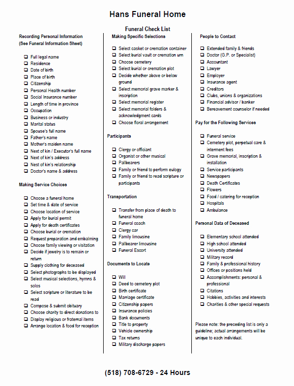 Funeral Planning Checklist Template New Albany Funeral &amp; Cremation Planning Checklist Hans