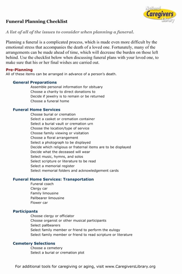 Funeral Planning Checklist Template New Download Funeral Planning Checklist for Free formtemplate